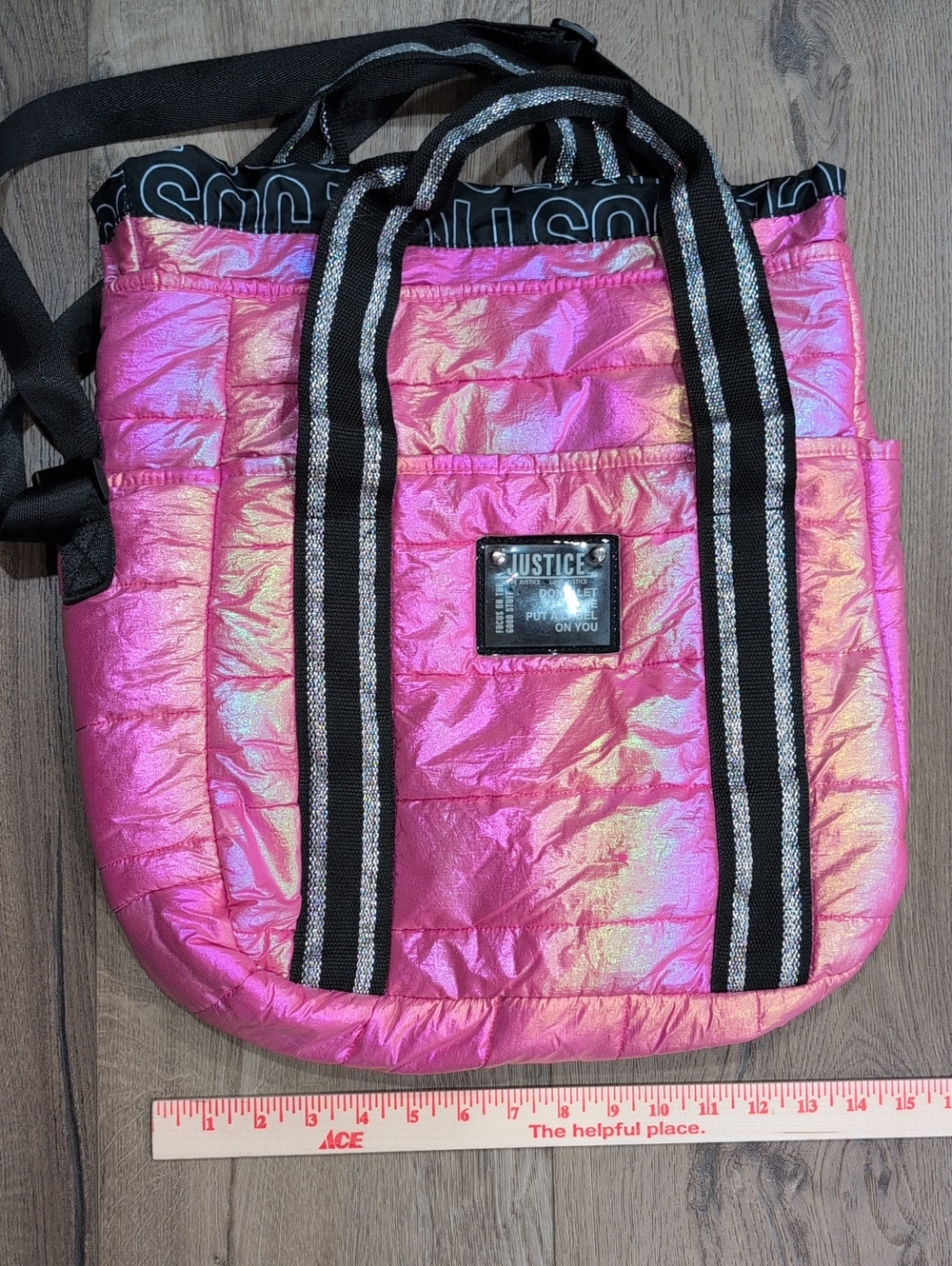 Justice Pink Iridescent Quilted Tote with Black Striped Handles
